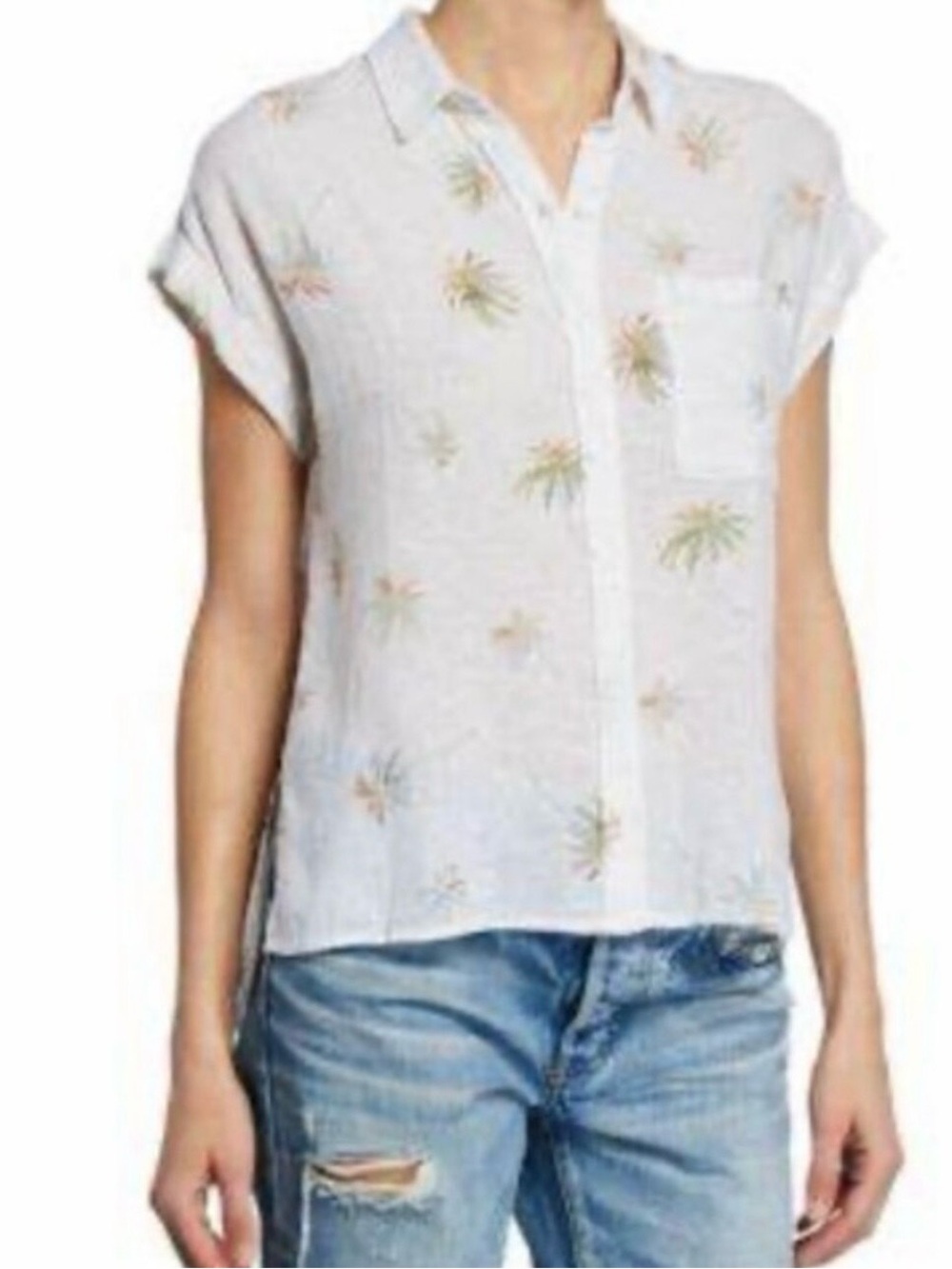 Rails White Short-Sleeve Button-Down with Green and Tan Palm Print